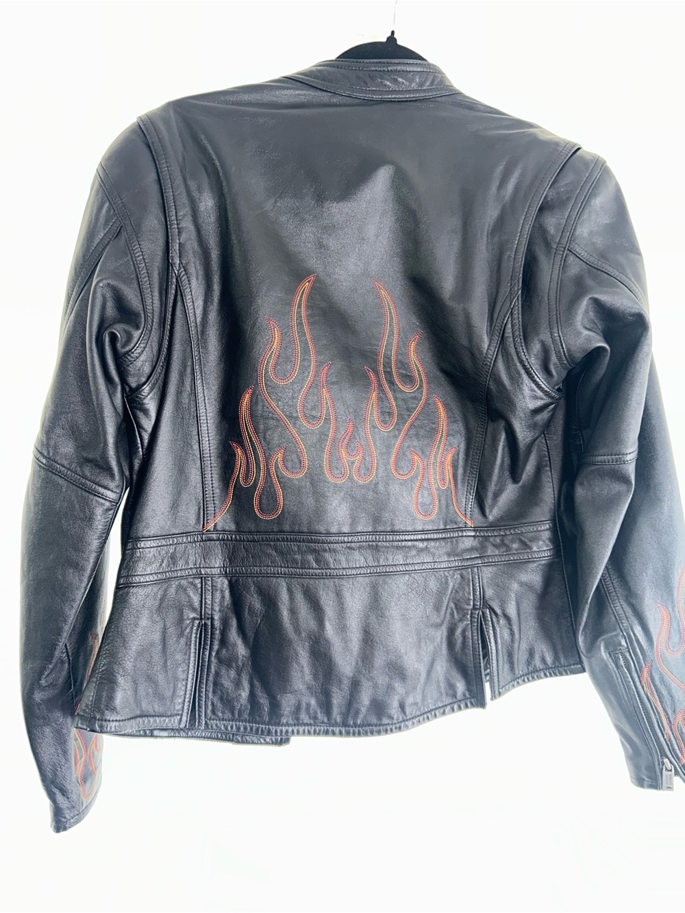 Rare Harley-Davidson Black Leather Jacket with Red Flame Stitching